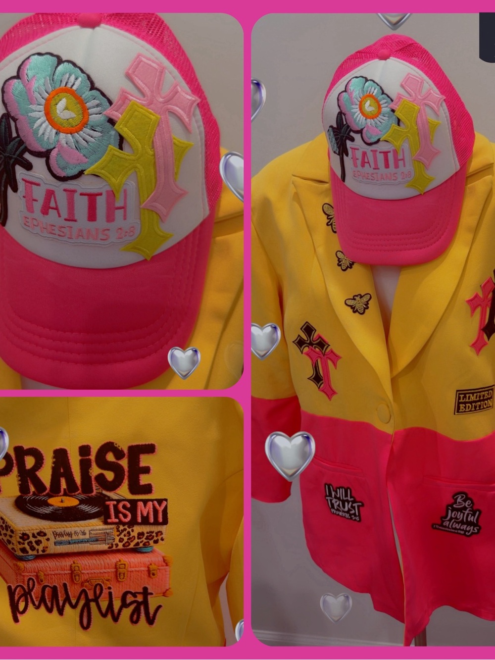 Pink and White Faith Embroidered Trucker Hat & Blazer
